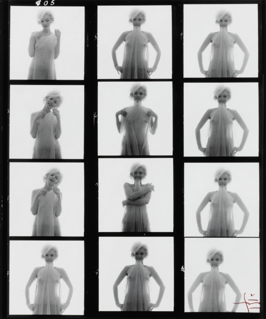 MARILYN MONROE CONTACT SHEET PRINT: Marilyn Monroe Contact Sheet Print mounted to board measuring at 15x17.5 inches. Signed in the plate