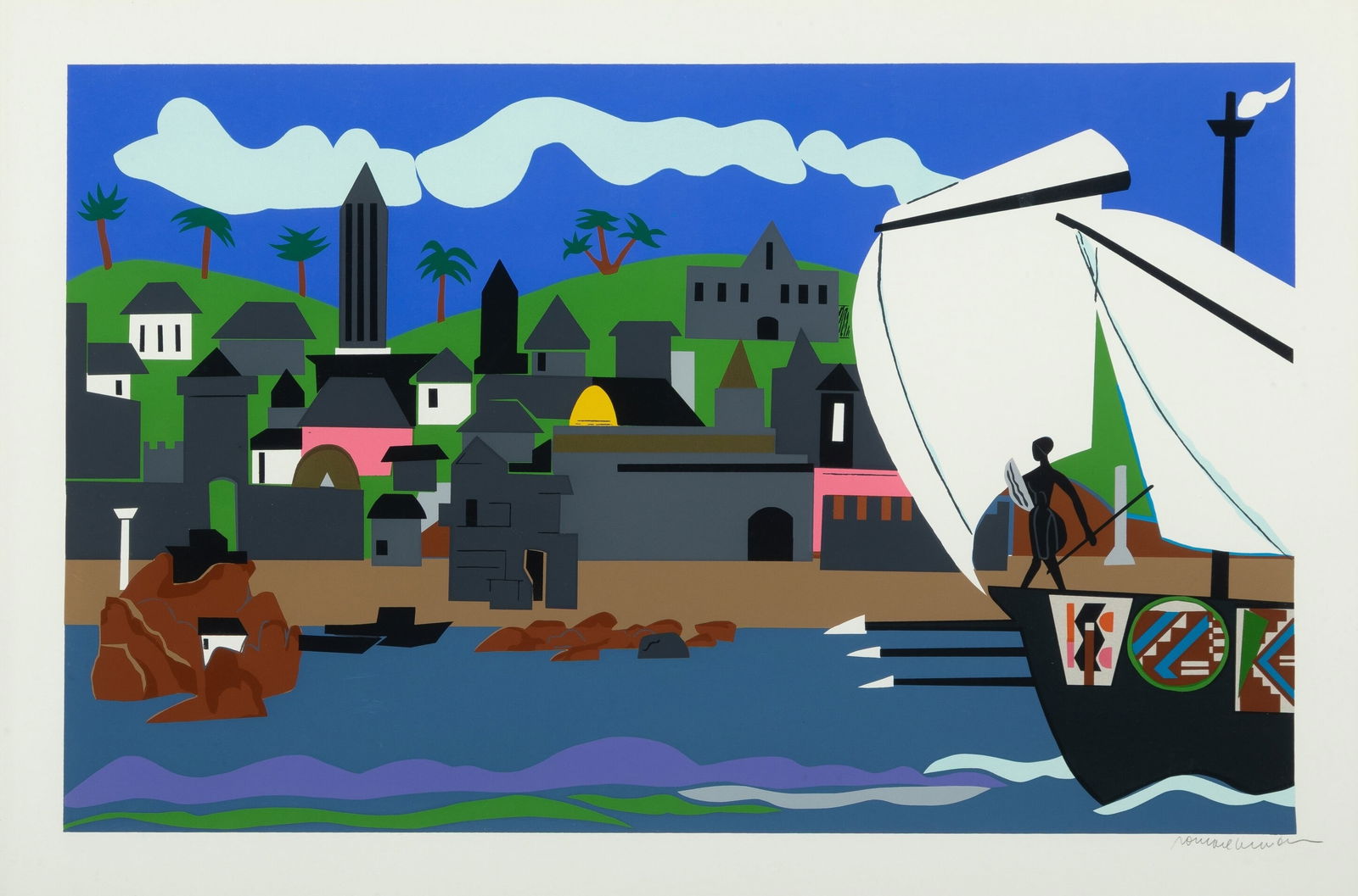 ROMARE BEARDEN HOME TO ITHACA PRINT: Romare Bearden Home to Ithaca Print measuring at 15x24 inches. Signed in the plate