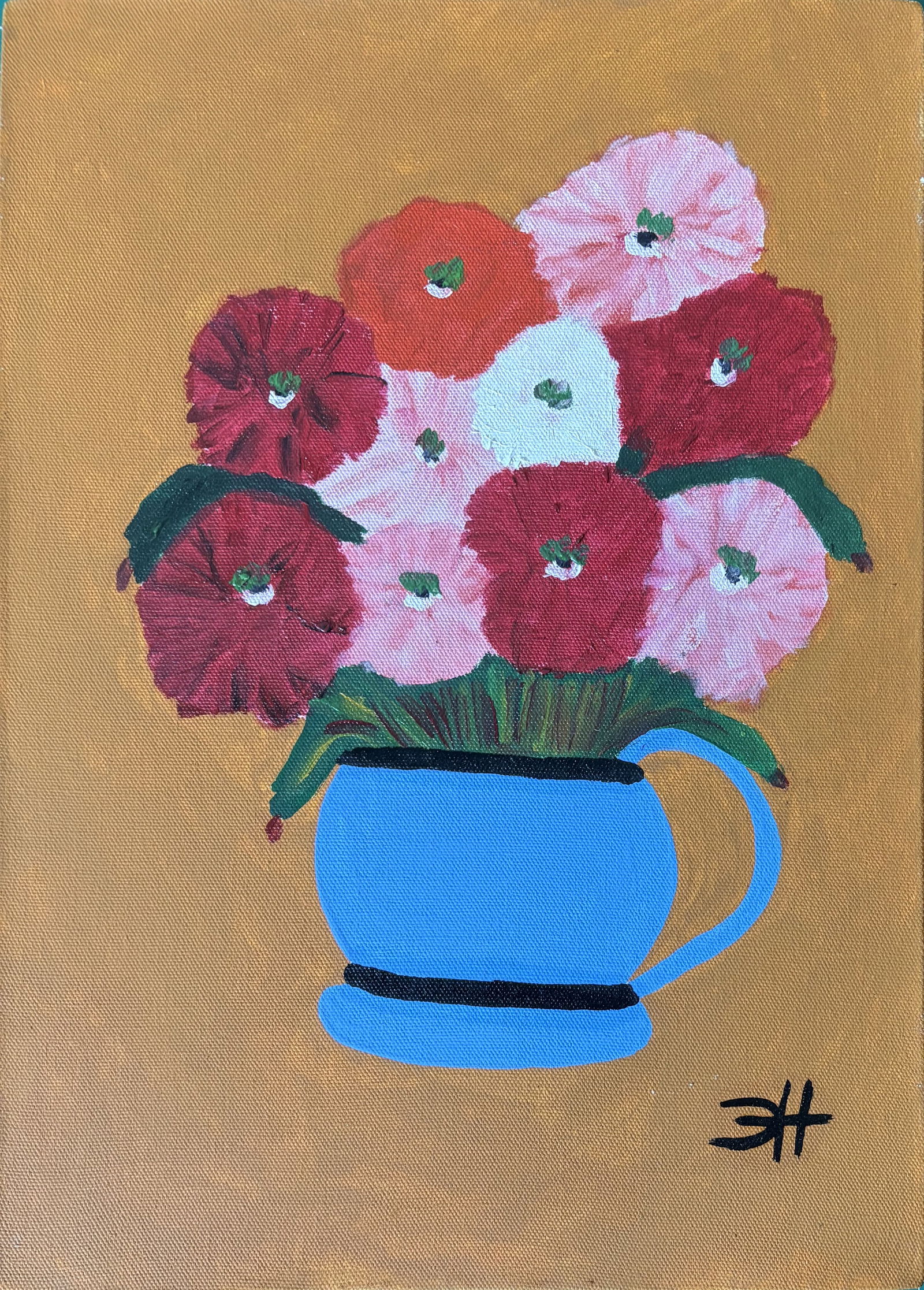 CLEMENTINE HUNTER ZINNIAS IN A POT CANVAS: Clementine Hunter Zinnias in a Pot Canvas measuring at 10x14 inches. Attributed to Clementine hunter.