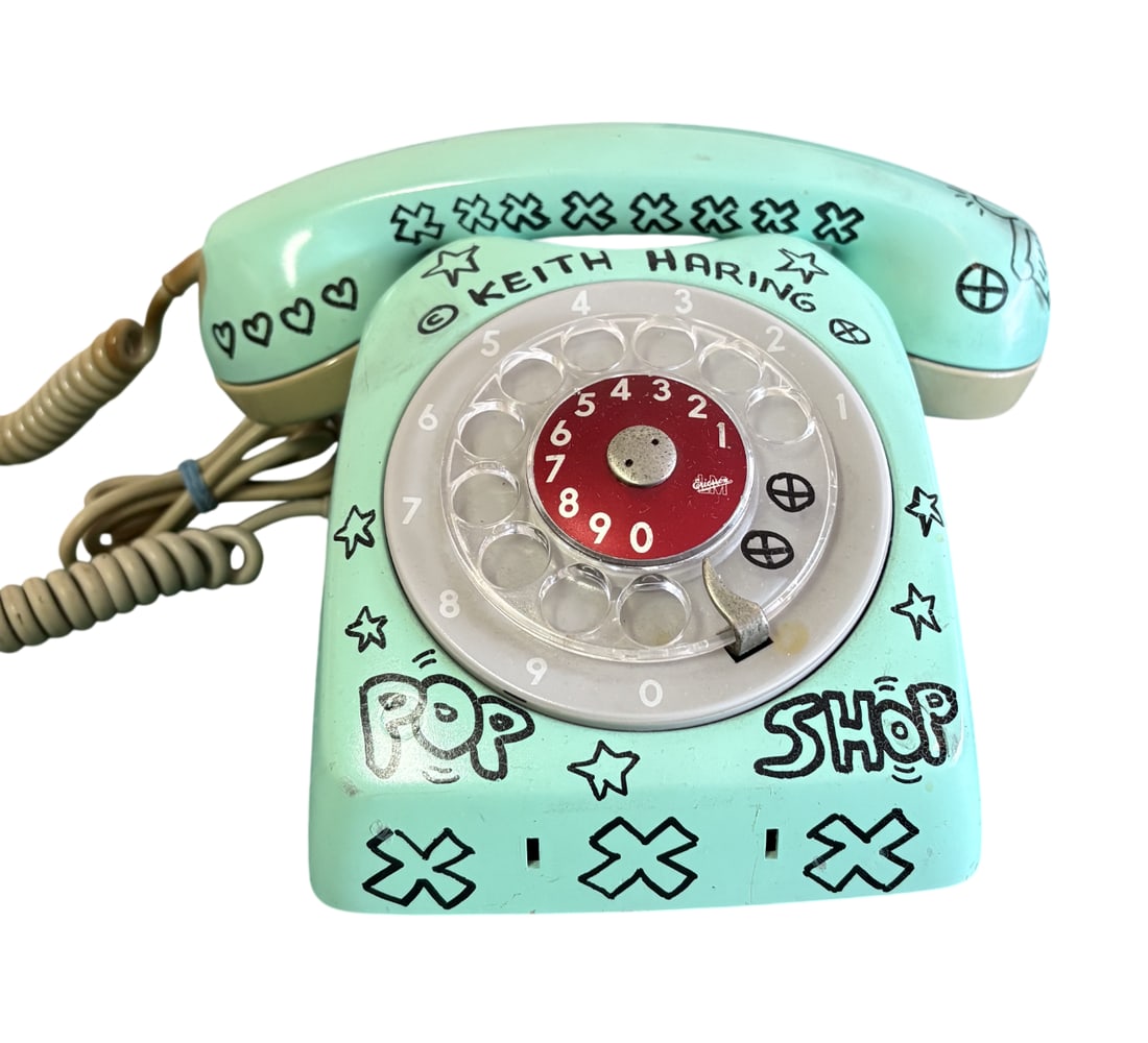 KEITH HARING POP SHOP TELEPHONE: Keith Haring Pop Shop Telephone measuring at 8x9x5 inches. Marker signed on the bottom and marker drawings seen all around.