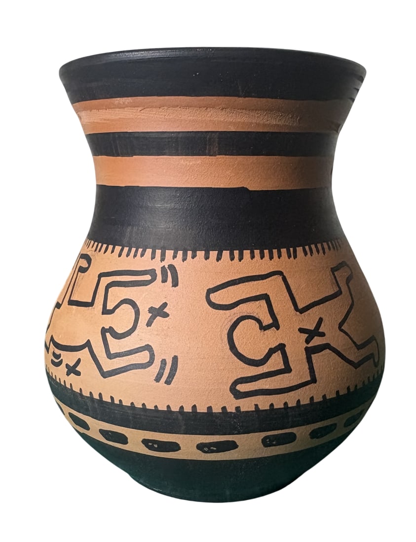 KEITH HAIRNG TERRACOTTA VASE: Keith Haring Terracotta vase measuring at 6x6x7 inches. Marker drawings all around and marker signed on the bottom. Attributed to Keith Haring.
