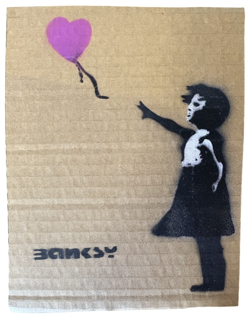 BANKSY GIRL WITH BALLOON CARDBOARD STENCIL: Banksy Girl with Balloon Cardboard Stencil measuring at 7x8.5 inches. Signed on the rear and numbered 3/90.