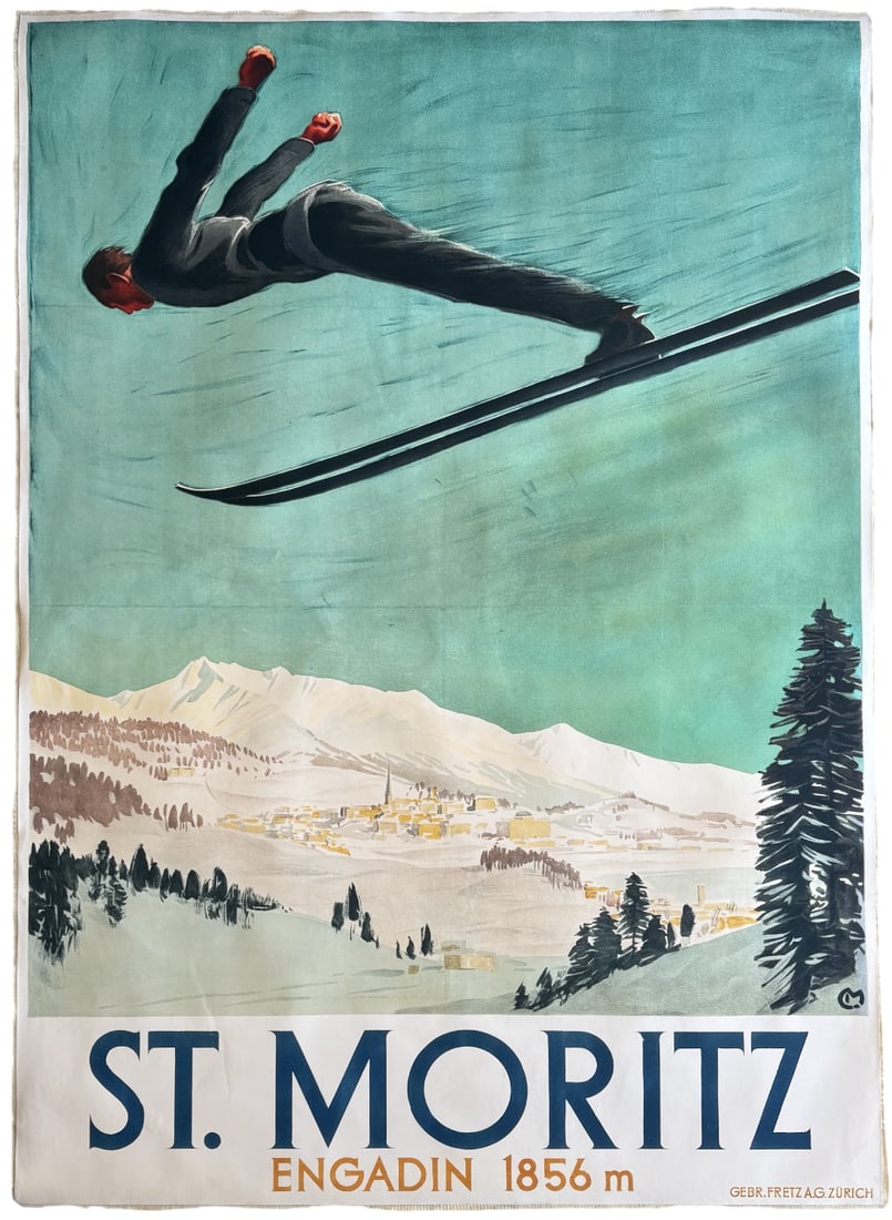 ENGADIN ST MORITZ SWITZERLAND POSTER: Engadin St Mortitz Switzerland Poster Print mounted to same size linen measuring at 35.5x50.25 inches. Unknown print date.