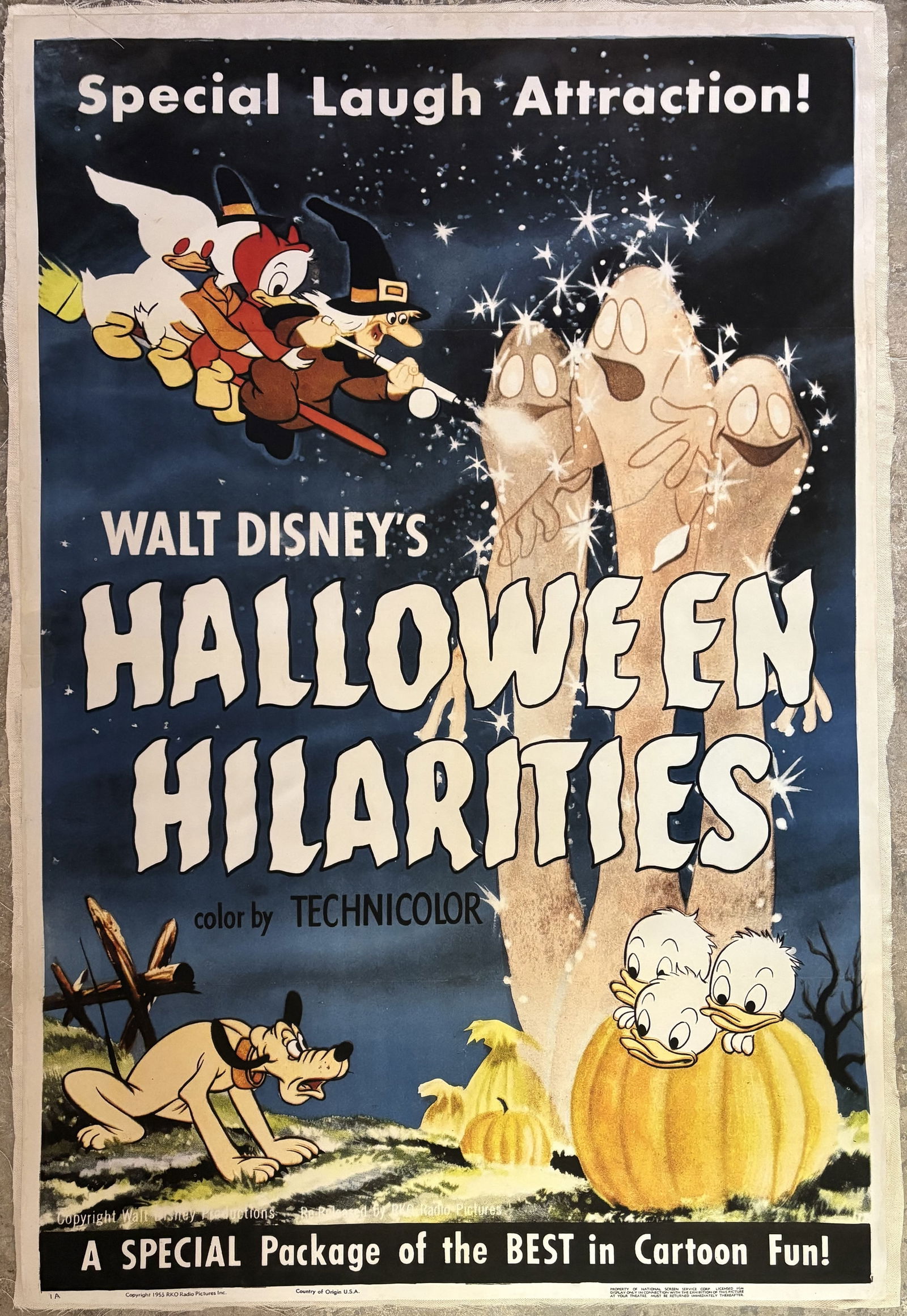 WALT DISNEY HALLOWEEN HILARITIES POSTER: Walt Disney Halloween hilarities Poster print mounted to same size linen measuring at 27x41 inches. Unknown print date.