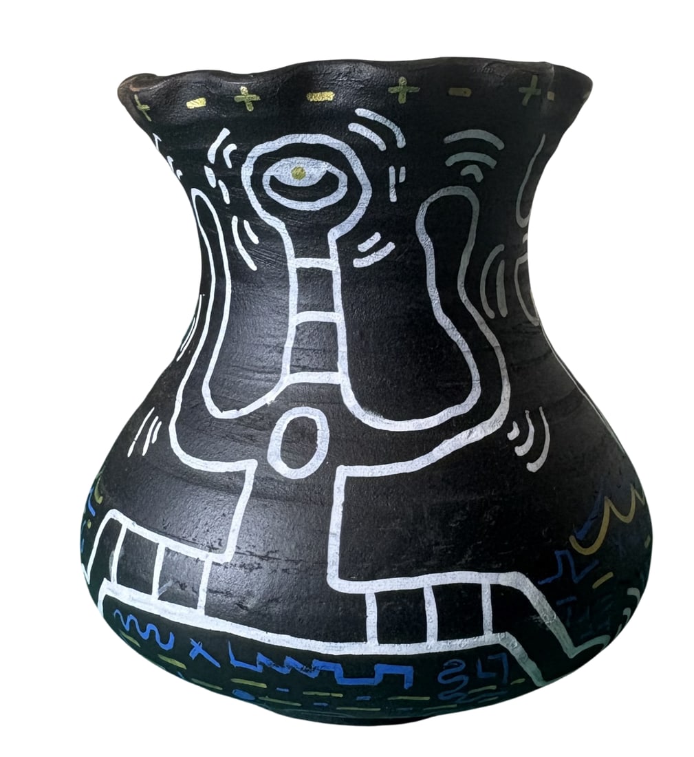 KEITH HARING TERRACOTTA VASE: Keith Haring terracotta Vase measuring at 6x6x6 inches. Marker signed on the bottom. Attributed to keith haring.