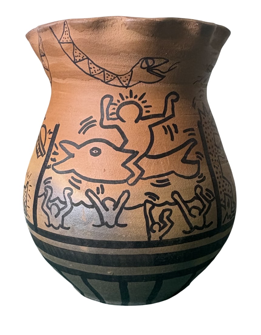 KEITH HARING TERRACOTTA VASE: Keith Haring terracotta Vase measuring at 6x6x7 inches. Marker signed on the bottom. Attributed to keith haring.