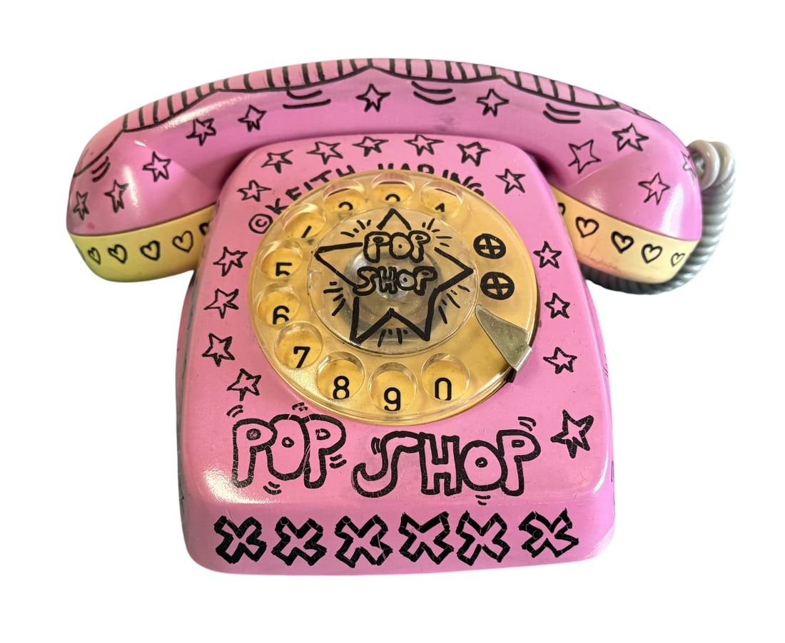 KEITH HARING POP SHOP TELEPHONE: Keith Haring Pop Shop Telephone measuring at 8x9x5 inches. Marker drawings all around and signed on the bottom. Attributed to keith haring.