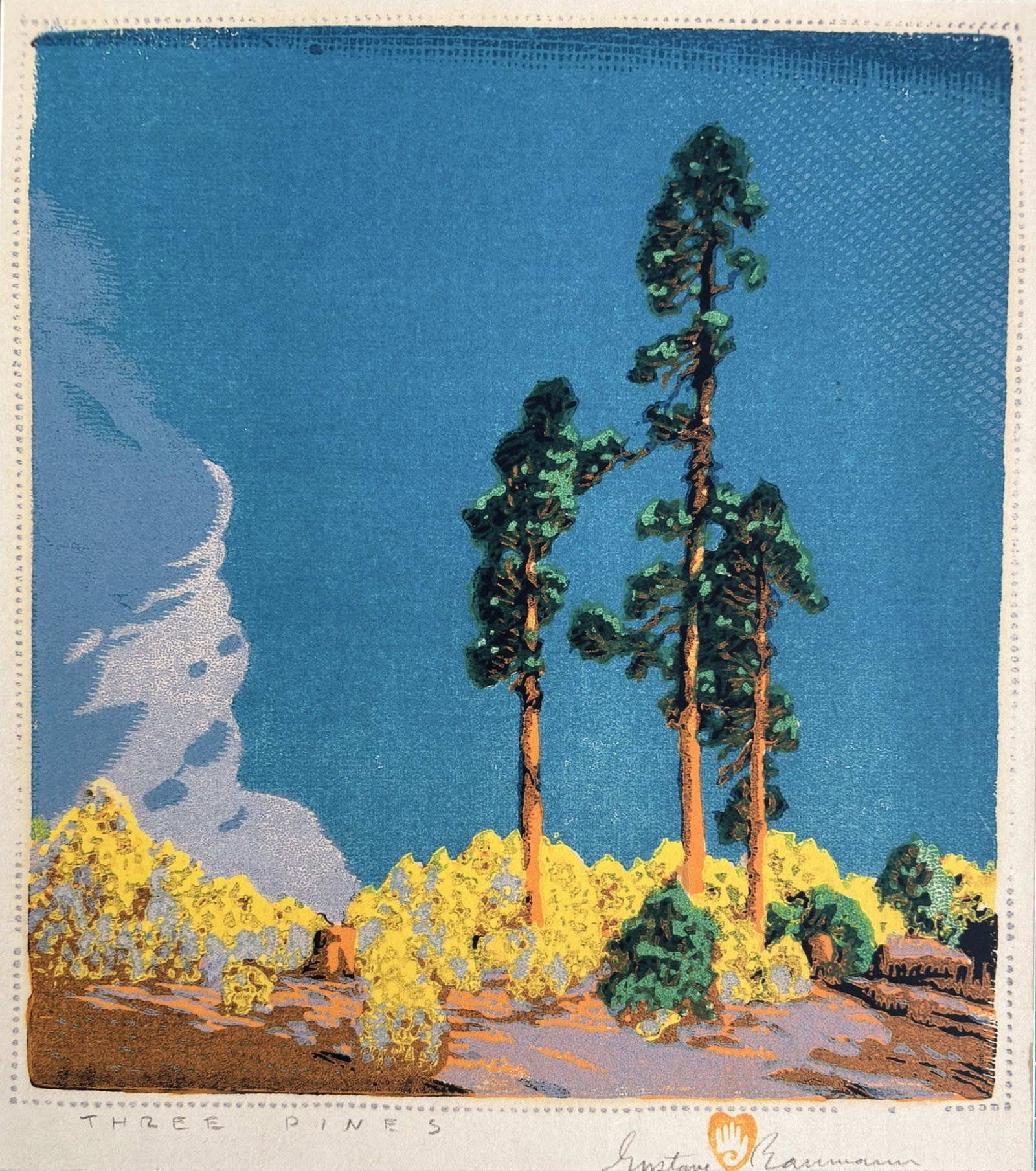 GUSTAVE BAUMANN THREE PINES PRINT: Gustave Baumann Three Pines print mounted to board measuring at 9.5x10.75 inches. Signed in the plate