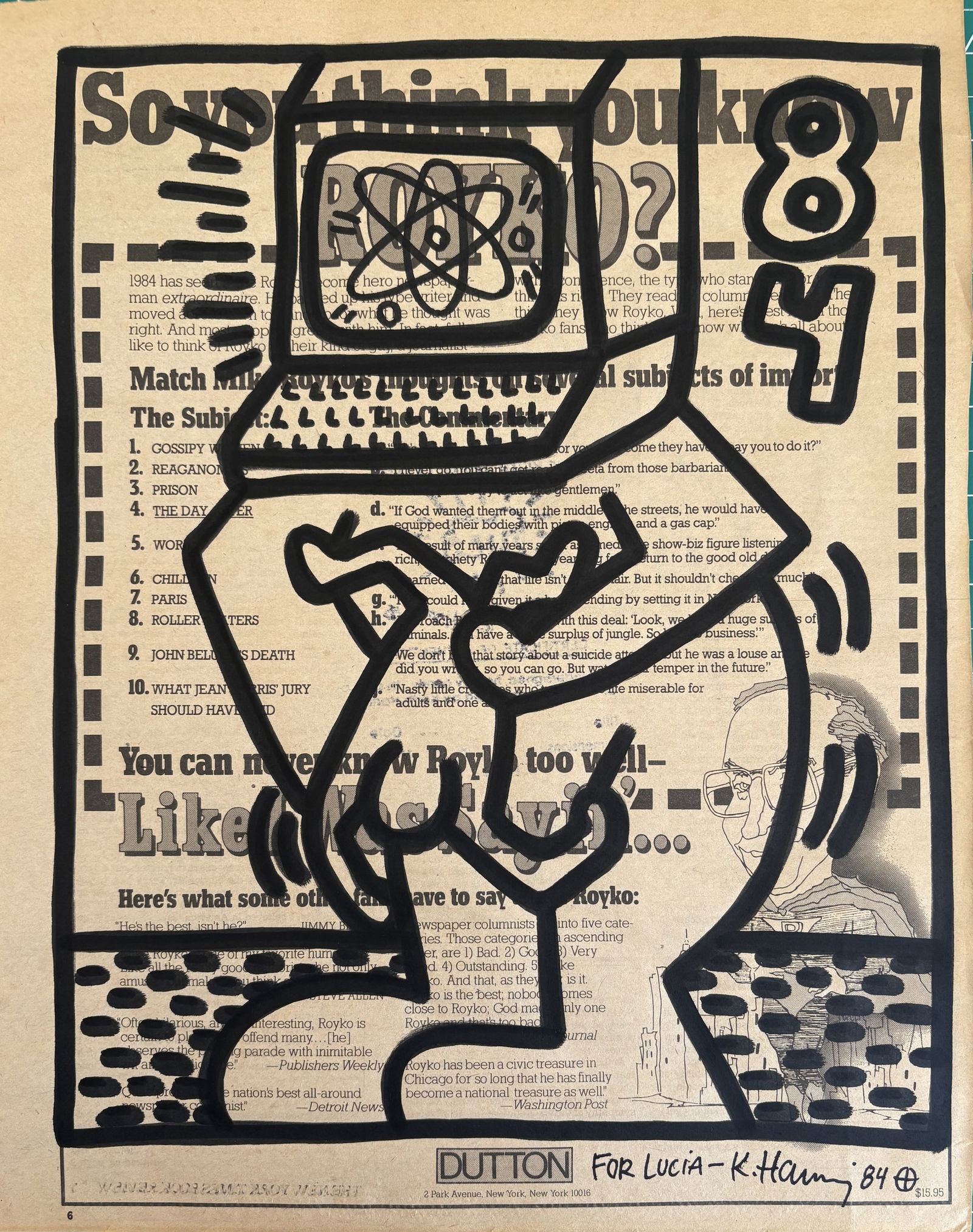 KEITH HARING TV MAN NEWSPAPER DRAWING: Keith Haring TV Man Newspaper Drawing measuring at 11x13.75 inches. Signed in the viewable and stamped on the rear.