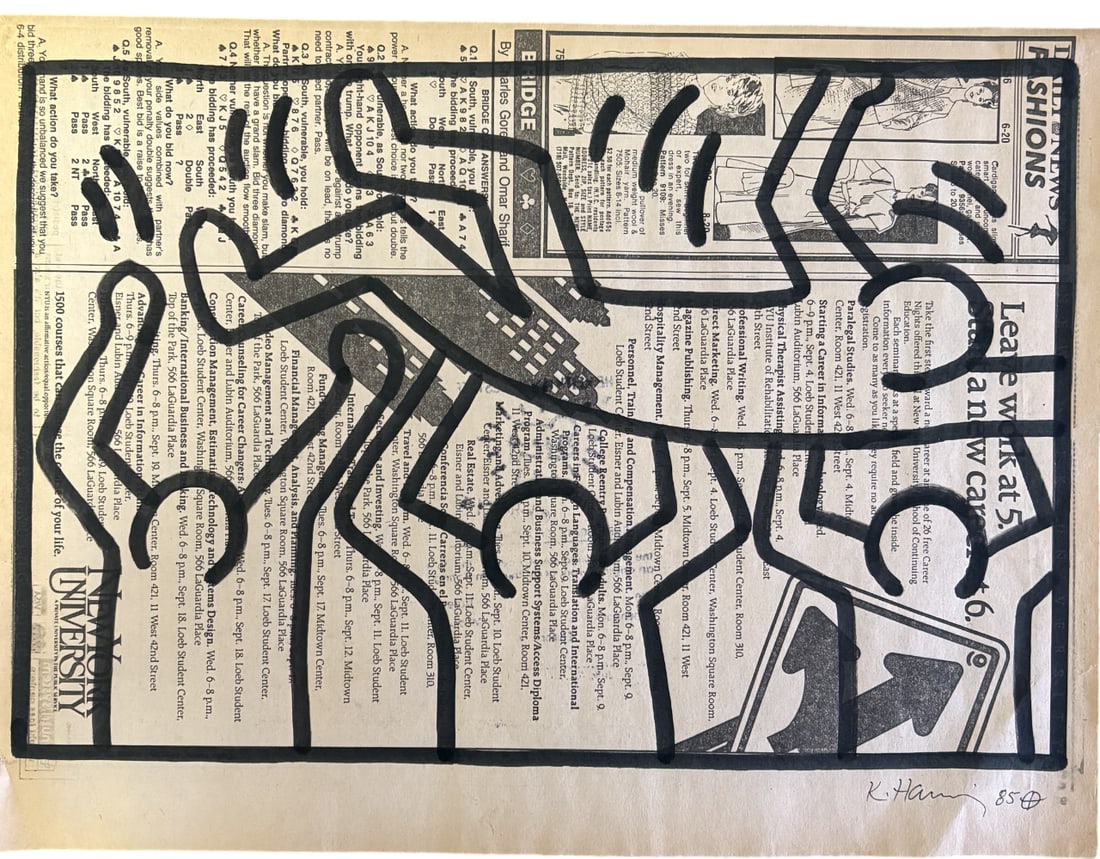 KEITH HARING FIGURES CELEBRATING NEWSPAPER DRAWING: Keith Haring Figures Celebrating Newspaper Drawing measuring at 11x14.75 inches. Signed in the viewable and stamped on the rear.