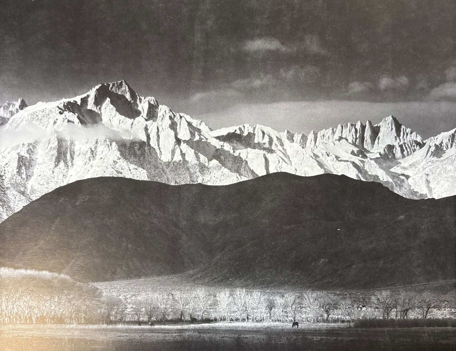 ANSEL ADAMS WINTER SUNRISE PHOTO LITHO: Ansel Adams Winter Sunrise Photo Lithograph mounted to same size board measuring at 5.5x9.5 inches