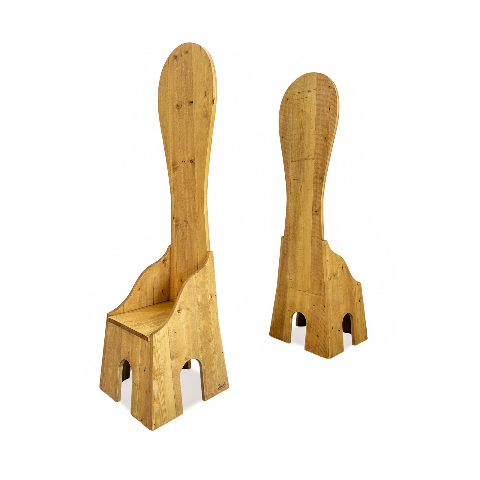 Mario Ceroli, prod. Poltronova Italy, 70s 190x55x50 cm.: pair of chairs from the Mobili nella Valle series, pinewood frames, signed Ceroli and bearing the manufacturer?s mark.Bibliography: Pier Carlo Santini, Facendo Mobili con Poltronova, Artigraf Ed., 199