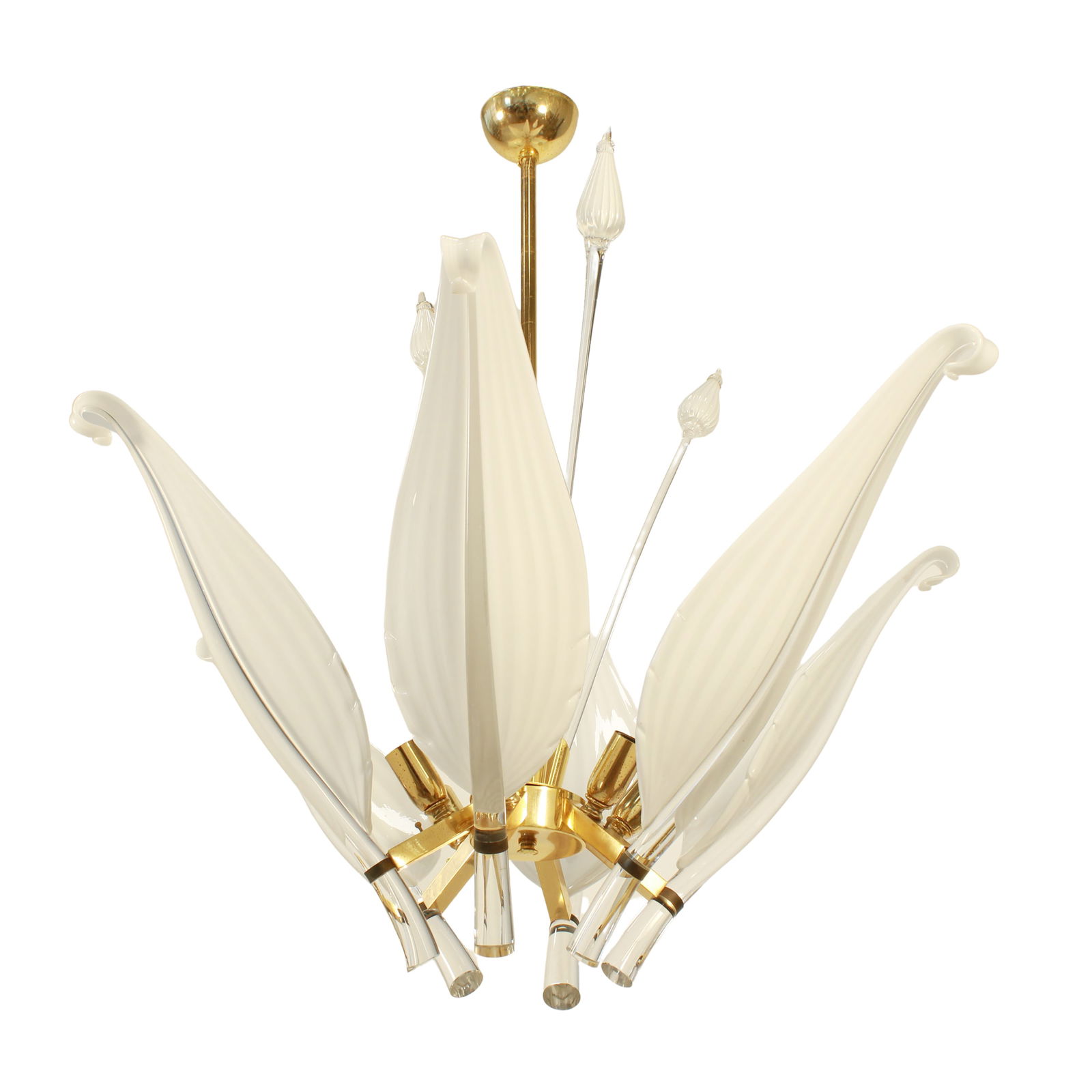 Franco Luce prod. Seguso Murano, 70s 90x86 cm.: six-light pendant lamp with leaves in lattimo and clear glass, brass frame
