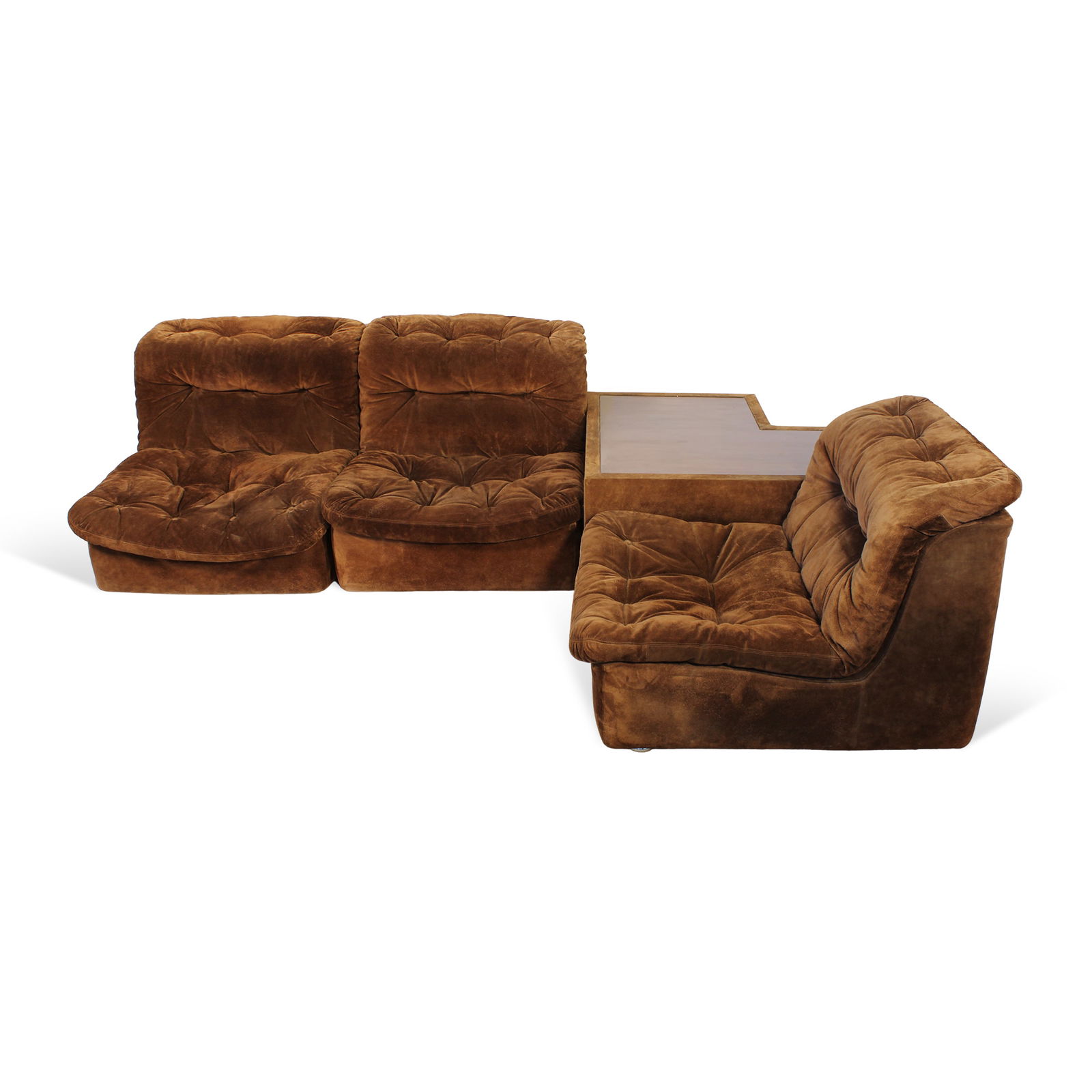 Frederik Hill for Walter Knoll Germany, 70s coffee table 43x90x93 cm - armchair 74x77x93 cm: living room set comprising a modular sofa, three armchairs, and a coffee table.