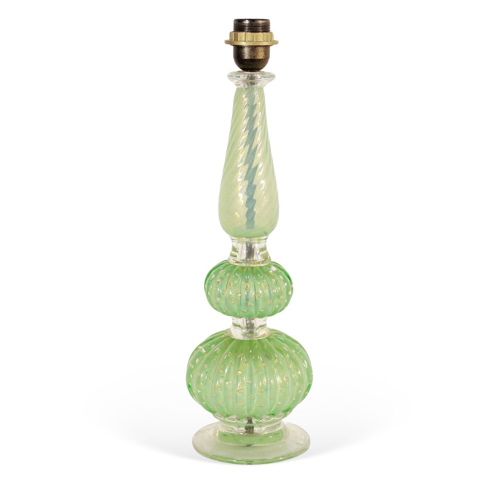 Italian manufacture Murano, 19th-20th century h. 48cm: green glass table lamp with gilt glass wall lights