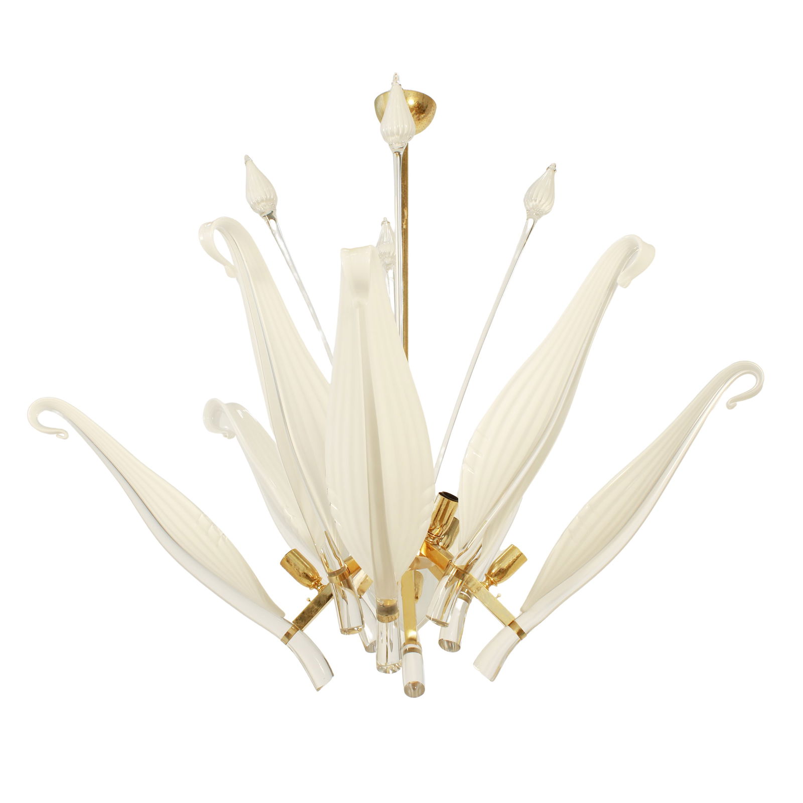 Franco Luce prod. Seguso Murano, 70s 90x95 cm.: eight-light pendant lamp with leaves in lattimo and clear glass, brass frame.