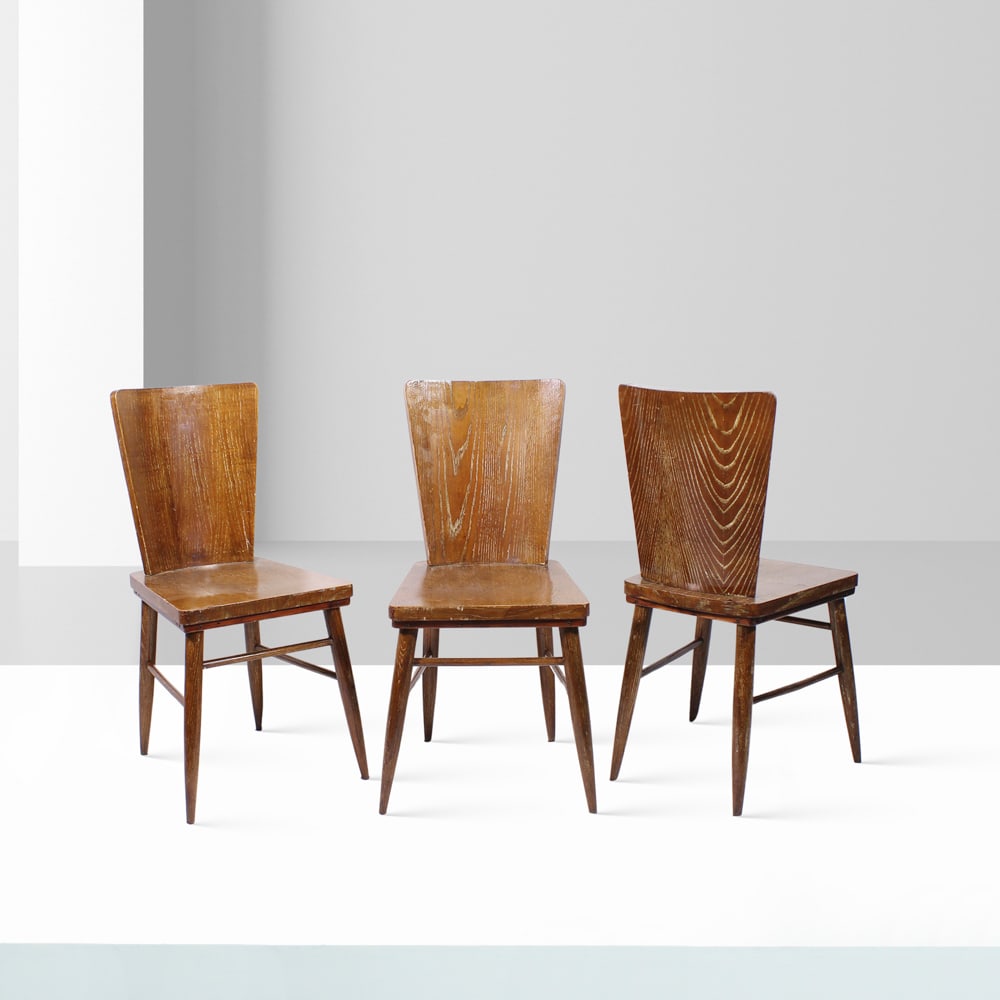 Italian manufacture Italy, 1950s 92x43x44 cm: six wooden chairs, slight defects.
