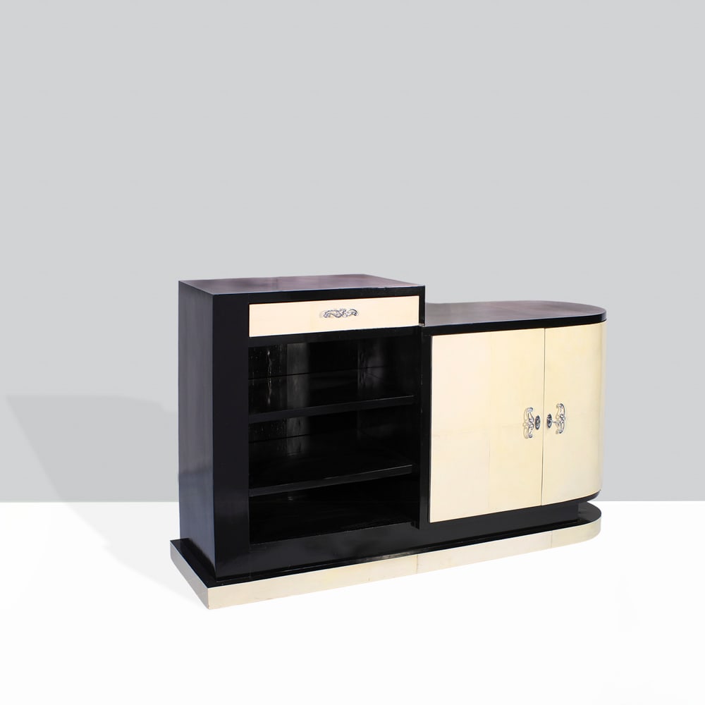 French manufacture France, 40-50s 110x167x50 cm: ebonized wood and parchment sideboard, minor defects.