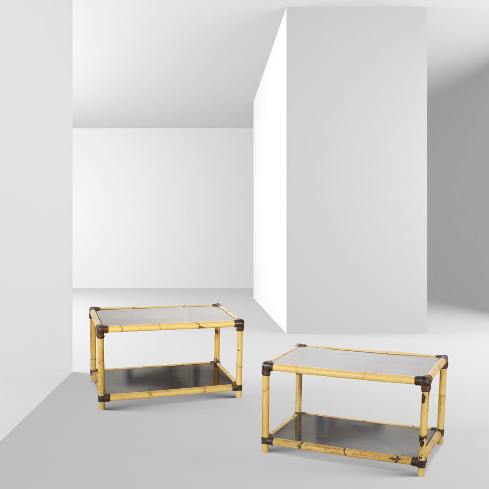 Italian manufacture Italy, 60s 40x69x40: pair of briar and bamboo coffee tables