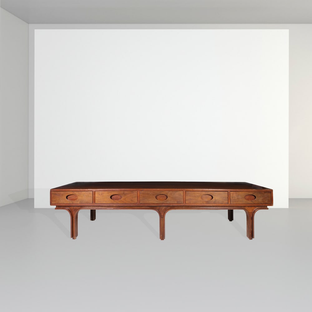 Gianfranco Frattini prod. Bernini Italy, 20th century 39x175x53 cm: wooden coffee table with five drawers, slight defects.