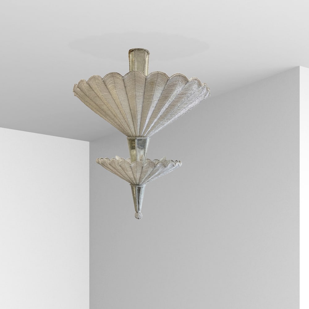 Italian manufacture Murano, 20th century 117x92 cm.: two-fan pendant lamp, iron frame with glass beads and mirrors.