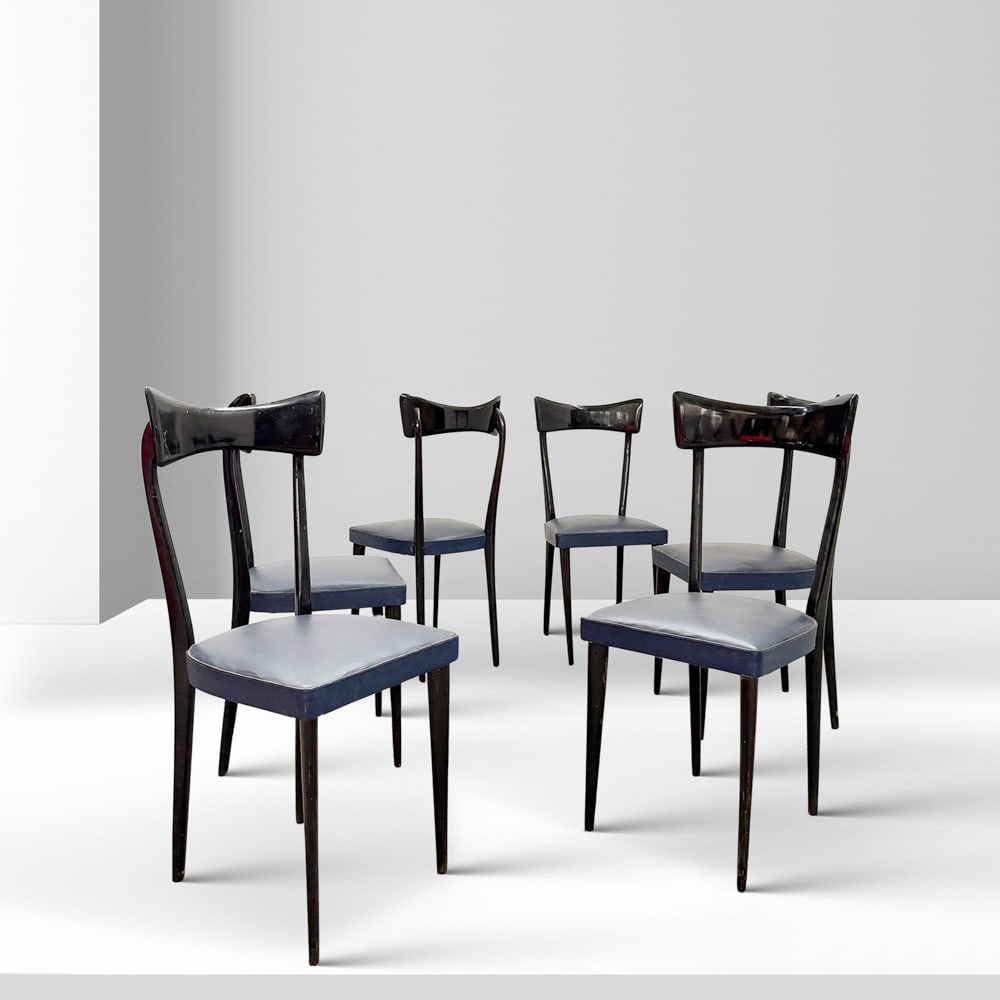 Ico Parisi, attributed to Italy, 1950s 92x44x45 cm.: set of six ebonized wood chairs upholstered in skai.