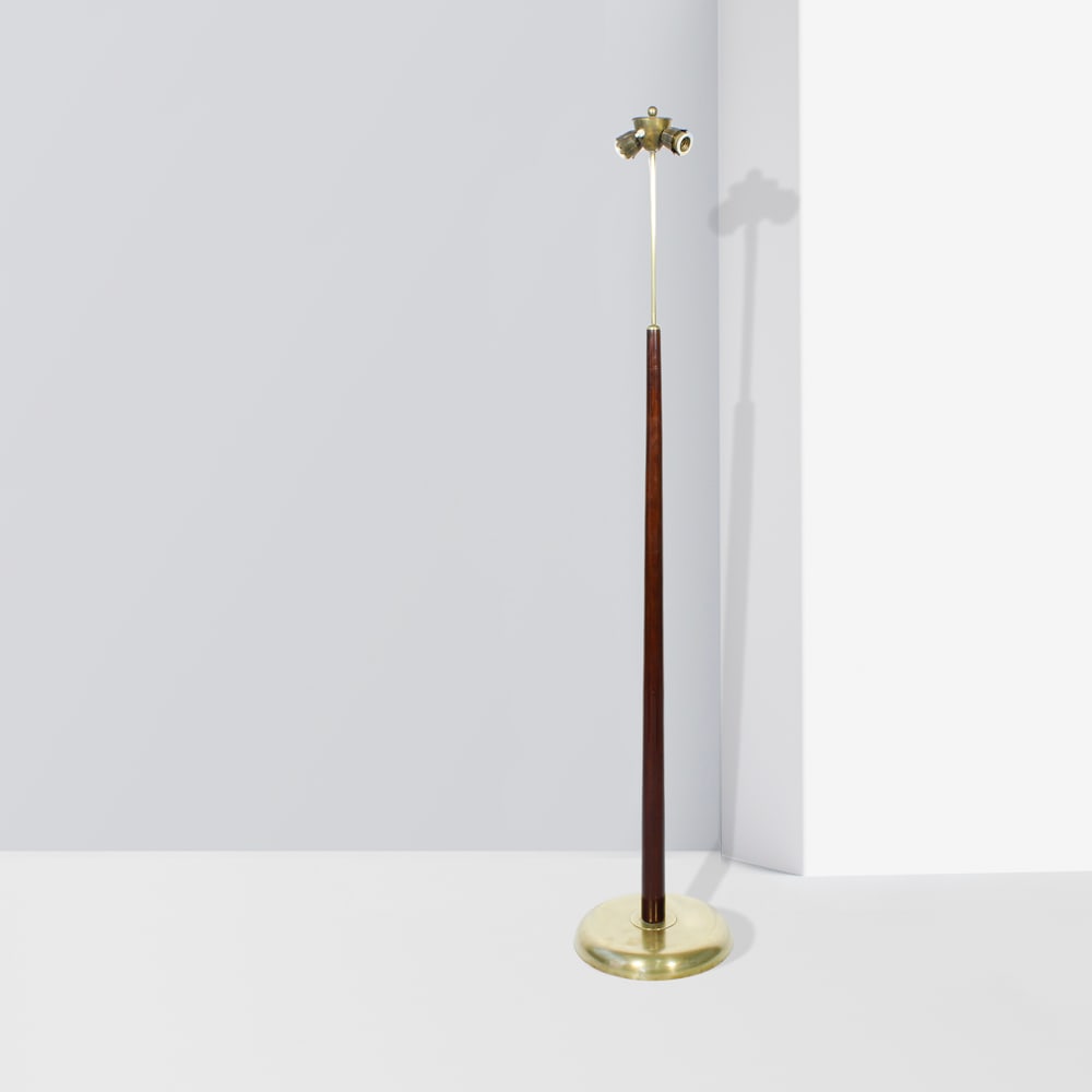 Italian manufacture Italy, 1950s 176x35 cm.: brass floor lamp with tapered wooden stem