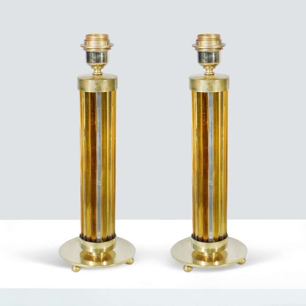 Italian manufacture Murano, 80s 45x15 cm.: pair of brass lamps with glass rods