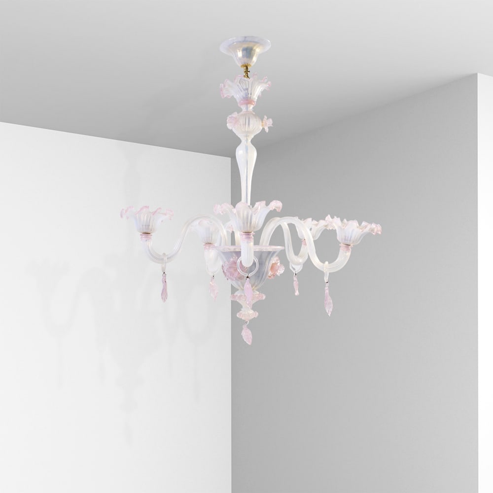 Italian manufacture Murano, 20th century 88x70 cm: pendant lamp in white and pink glass.