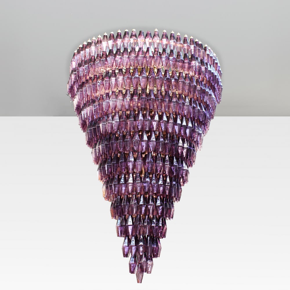 Murano manufacture Italy, 70s/80s 180x120 cm: large pendant lamp with amethyst glass polyhedrons and gilt metal frame.