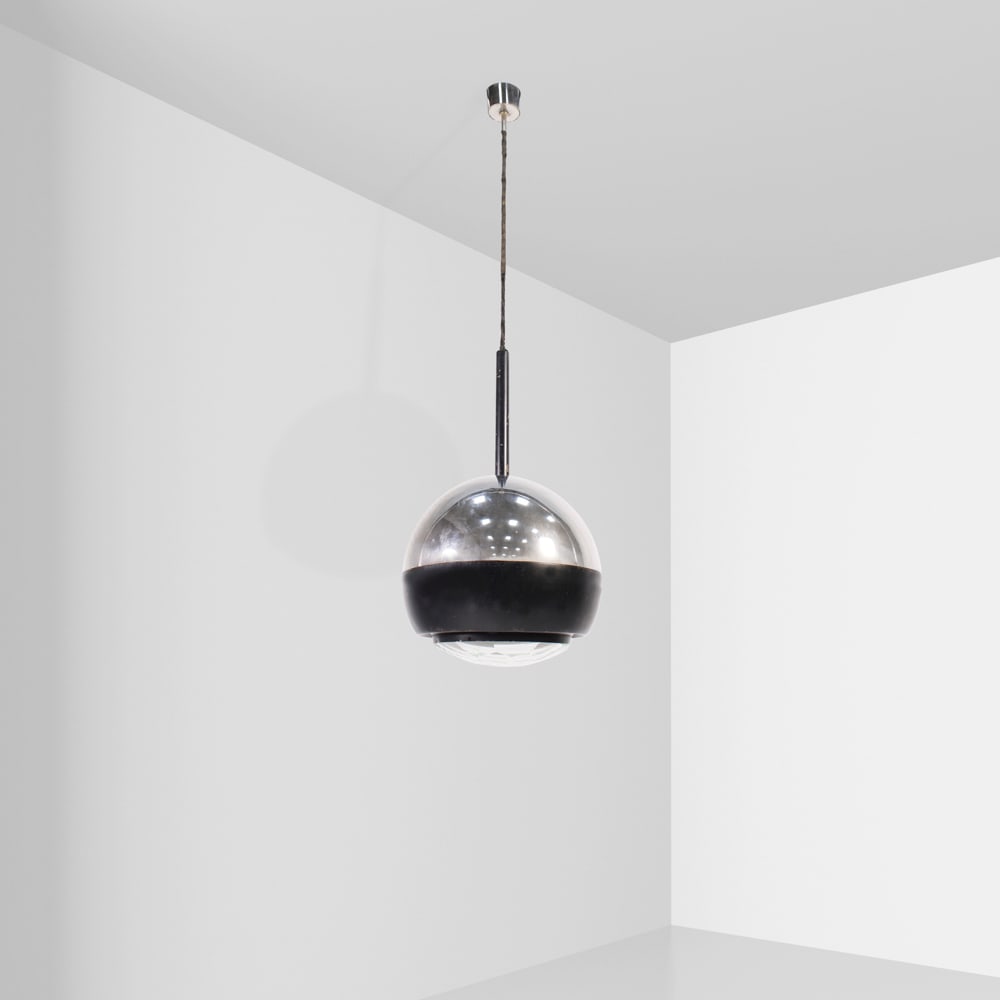 Stilnovo Italy, 20th century h. max 98 cm: metal pendant lamp, production mark, defects