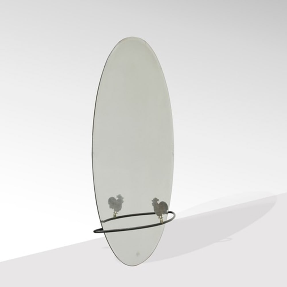 Alessandro Mendini, prod. Baleri Italy, 80s 98x60x11 cm.: wall mirror mod. Simpatiko in glass and steel, engraved signature