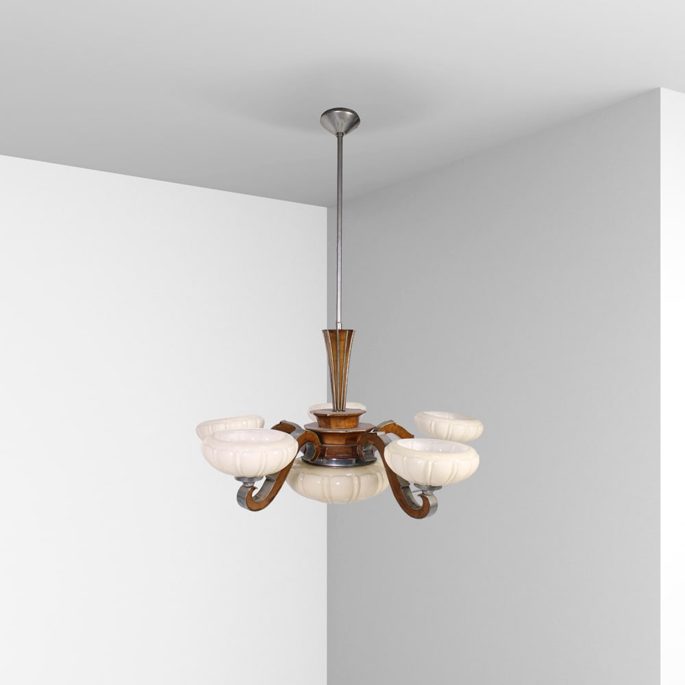 Italian manufacture Italy, 20th century 111x90 cm: pendant lamp in wood and opal glass, defects.