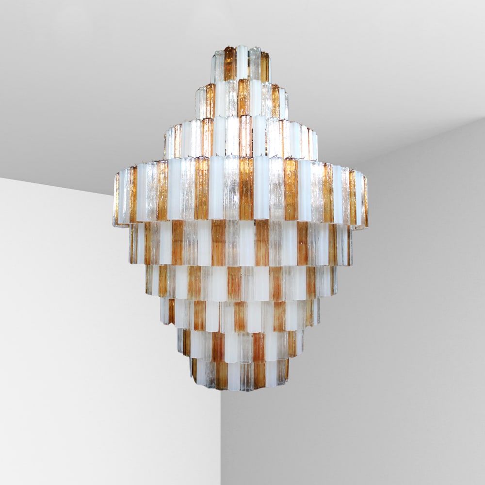 Toni Zuccheri prod. Venini Murano, 20th century 220x150 cm: Bucali pendant chandelier in colored, frosted, and clear glass with gilt metal frame