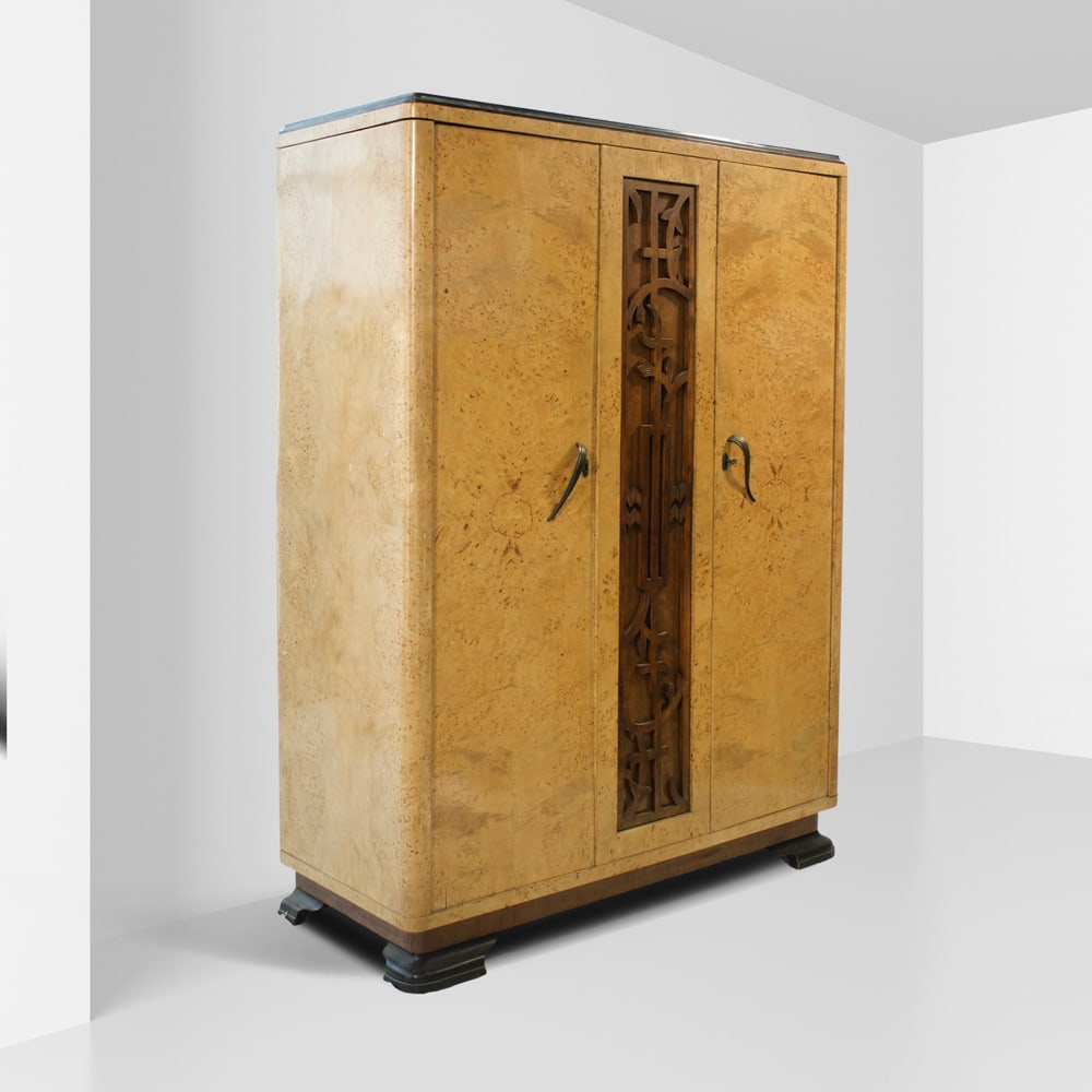 French manufacture 1940s 180x136x54 cm: art deco style wardrobe in wood with metal inserts.