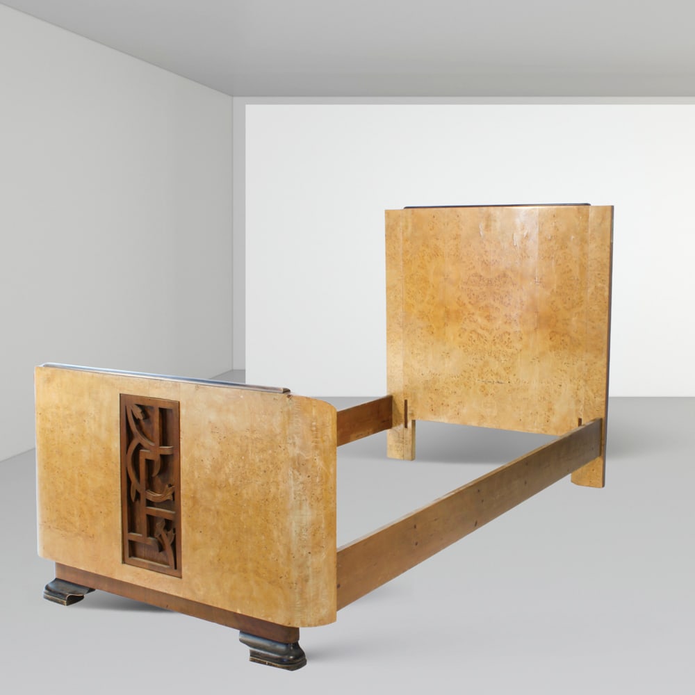 French manufacture 1940s 126x212x114 cm: wooden double bed in art deco style.