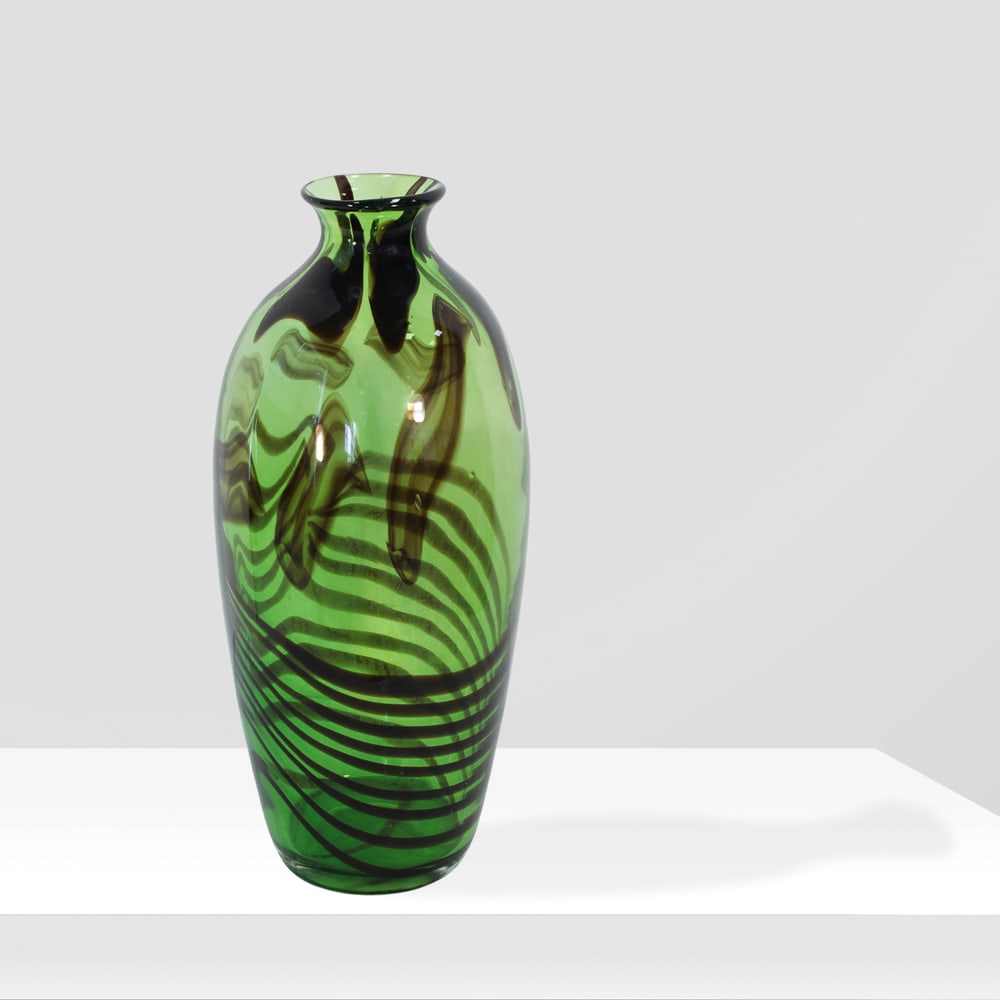 Fulvio Bianconi prod. Aureliano Toso Murano, 1950s h. 42cm.: amphora-form vase in green and yellow sommerso glass, signed on the base, with label.