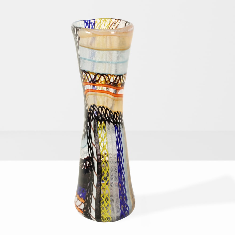 Dino Martens prod. Aureliano Toso Murano, 1950s h. 34 cm: Model Zanfirico blown glass vase with polychrome filigree, bearing the manufacturer?s label.