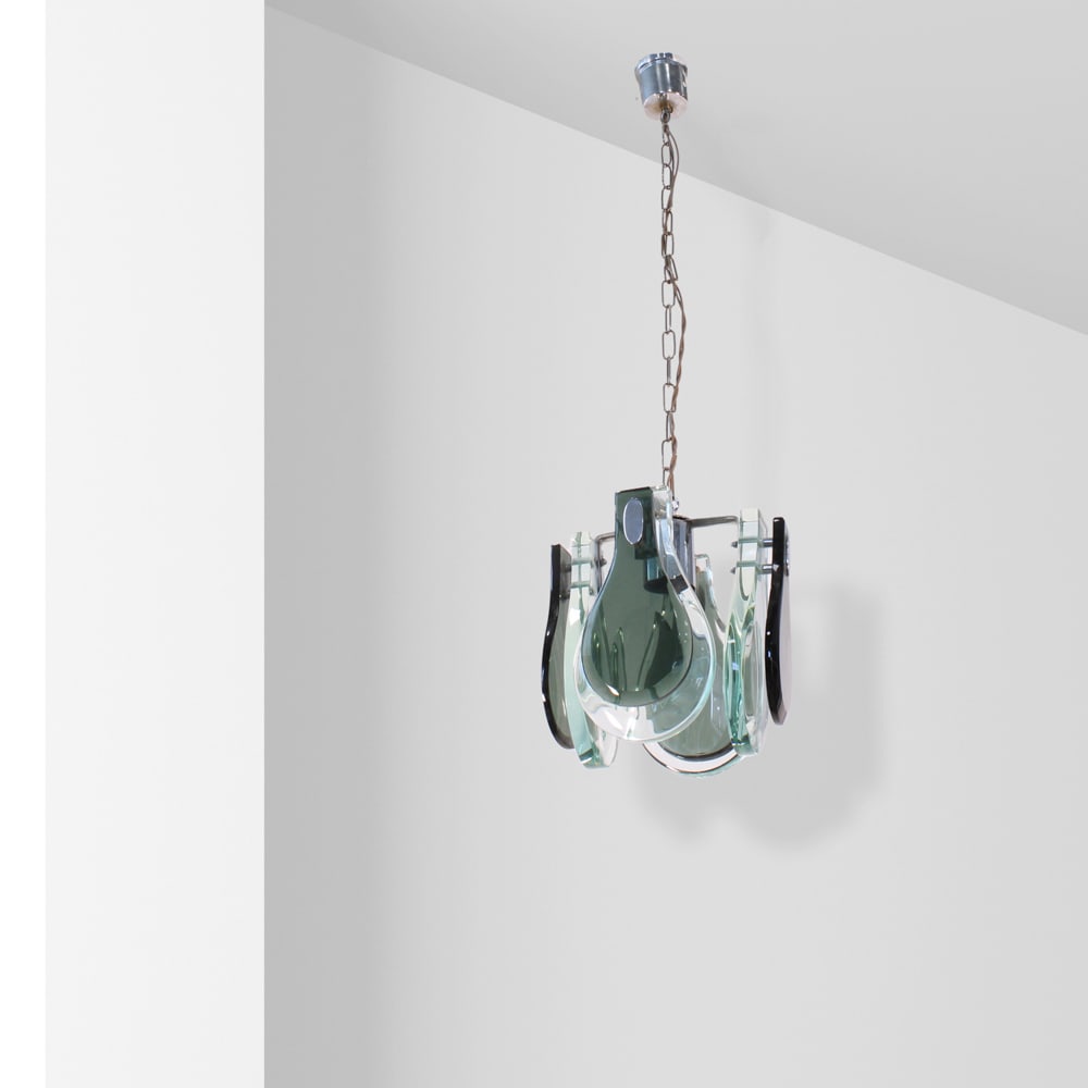 Fontana Arte, attributed Italy, 1950s 95x25x25 cm: pendant lamp with steel structure and green glass.