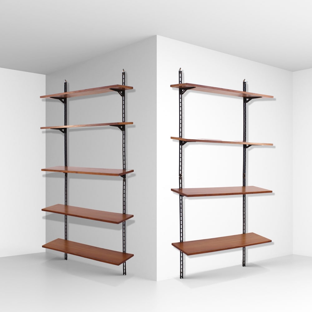 Danish manufacture 1960s-1970s 100x91x25 cm each.: Modular bookcase in wood and painted metal, composed of four modules.