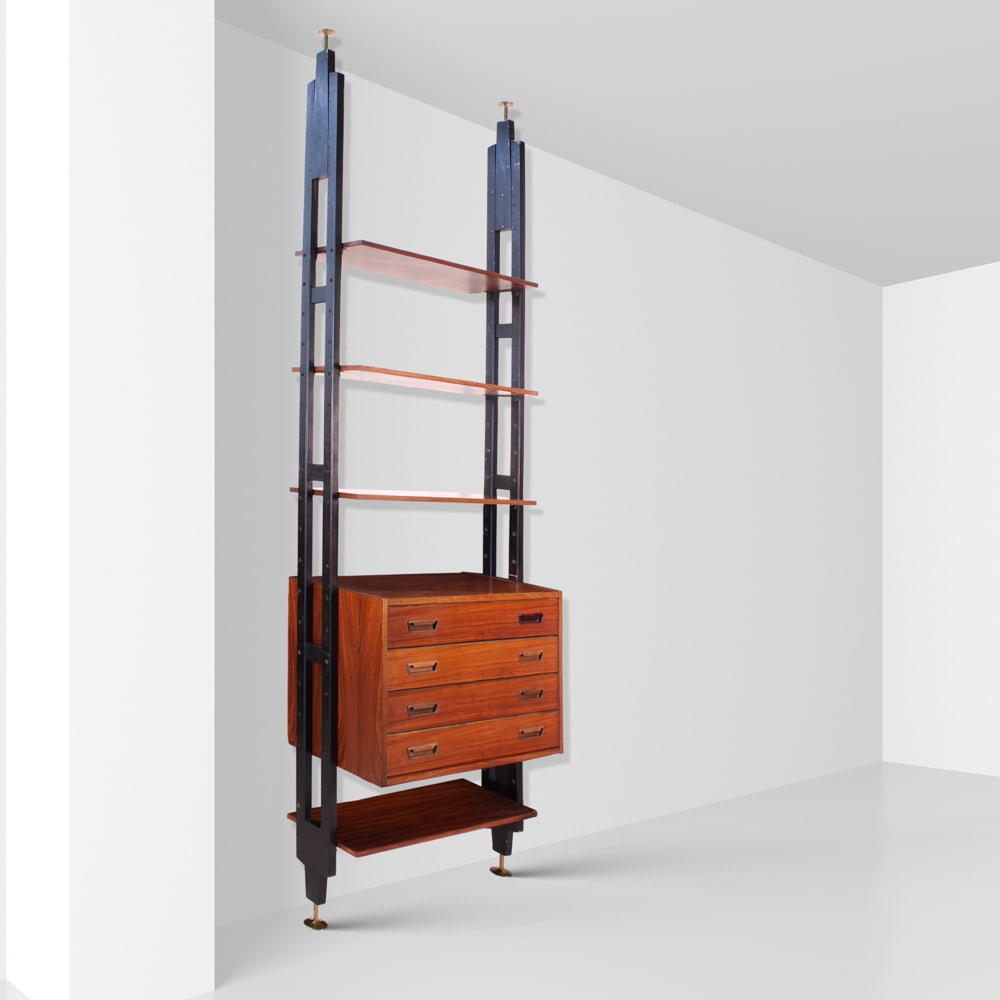 Gunnar Nielsen, attributed Denmark, 1960s 300x87x40 cm: Modular wooden bookcase with brass inserts.