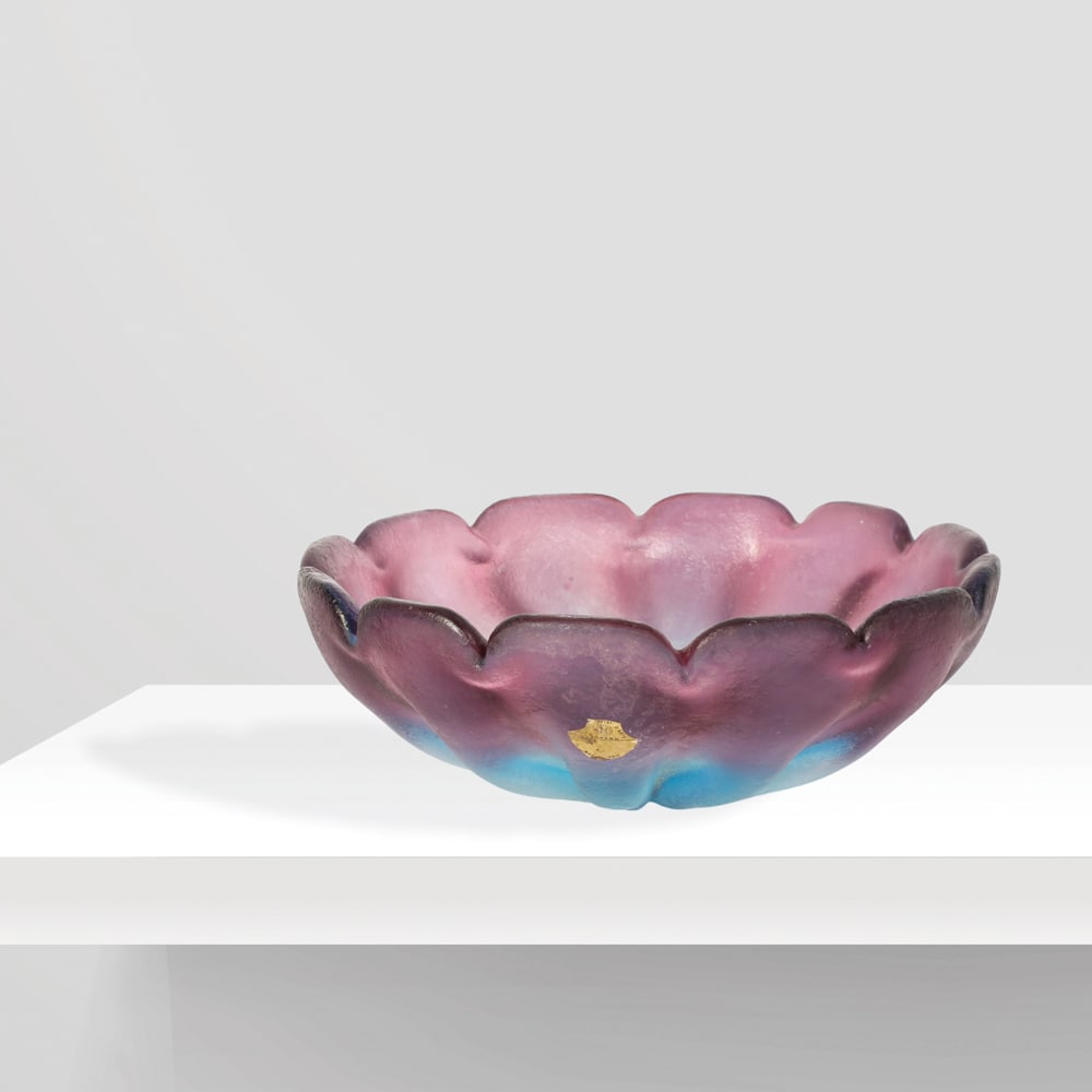 Murano manufacture 1970s d. 24cm: Acid-etched glass bowl in shades of purple and blue, bearing the manufacturer?s label.