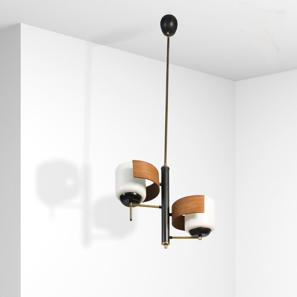 Stilnovo, attributed Italy, 1960s 93x40 cm: two-light pendant lamp in teak, brass and opal glass.