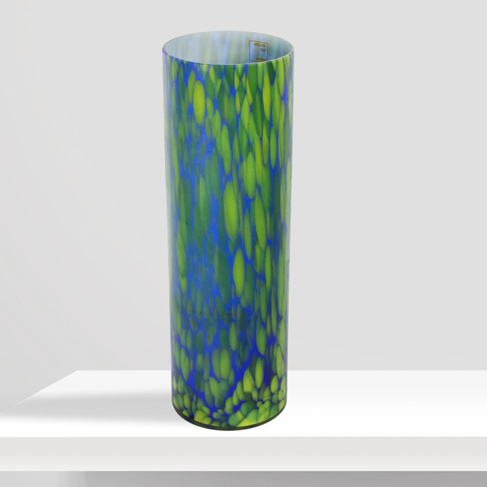 Aureliano Toso Murano, 70s h. 35 cm: cylindrical vase in blue and green blown glass, with production label