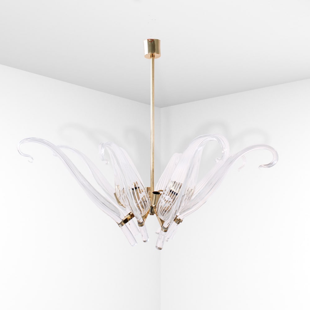 Franco Luce, attributed Murano, 1970s 90x102 cm: Pendant light in brass, clear and lattimo glass.