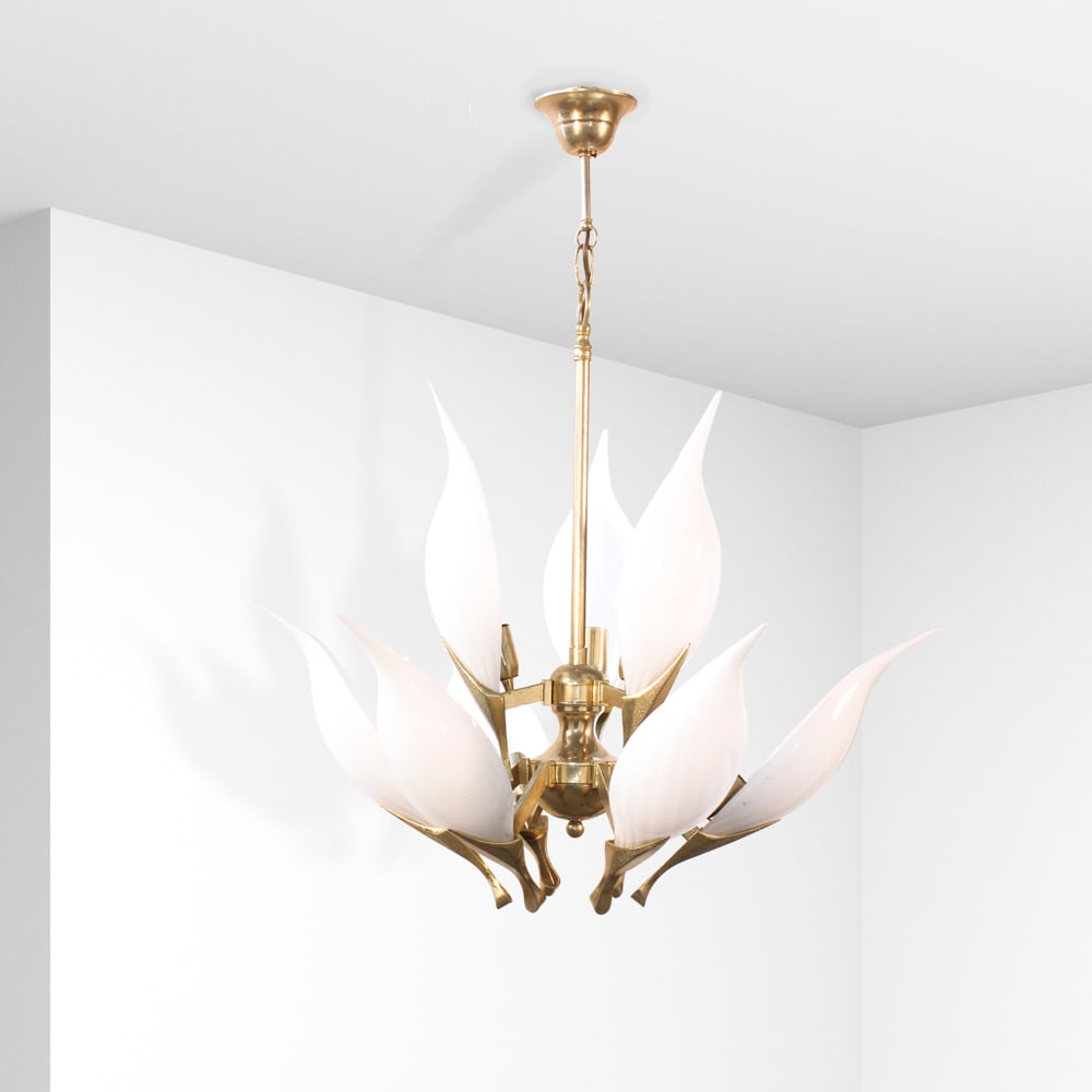 Franco Luce, attributed Murano, 1970s 84x73x76 cm: Pendant light in brass with clear and lattimo glass.