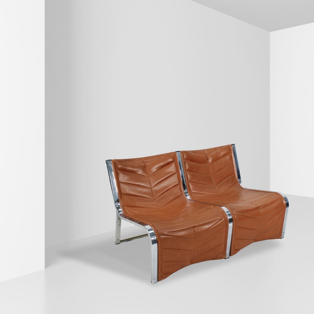 Carlo Bartoli prod. Rossi from Albizzate Italy, 1970s 72x131x68 cm: two-seater sofa in steel and eco-leather, defects.