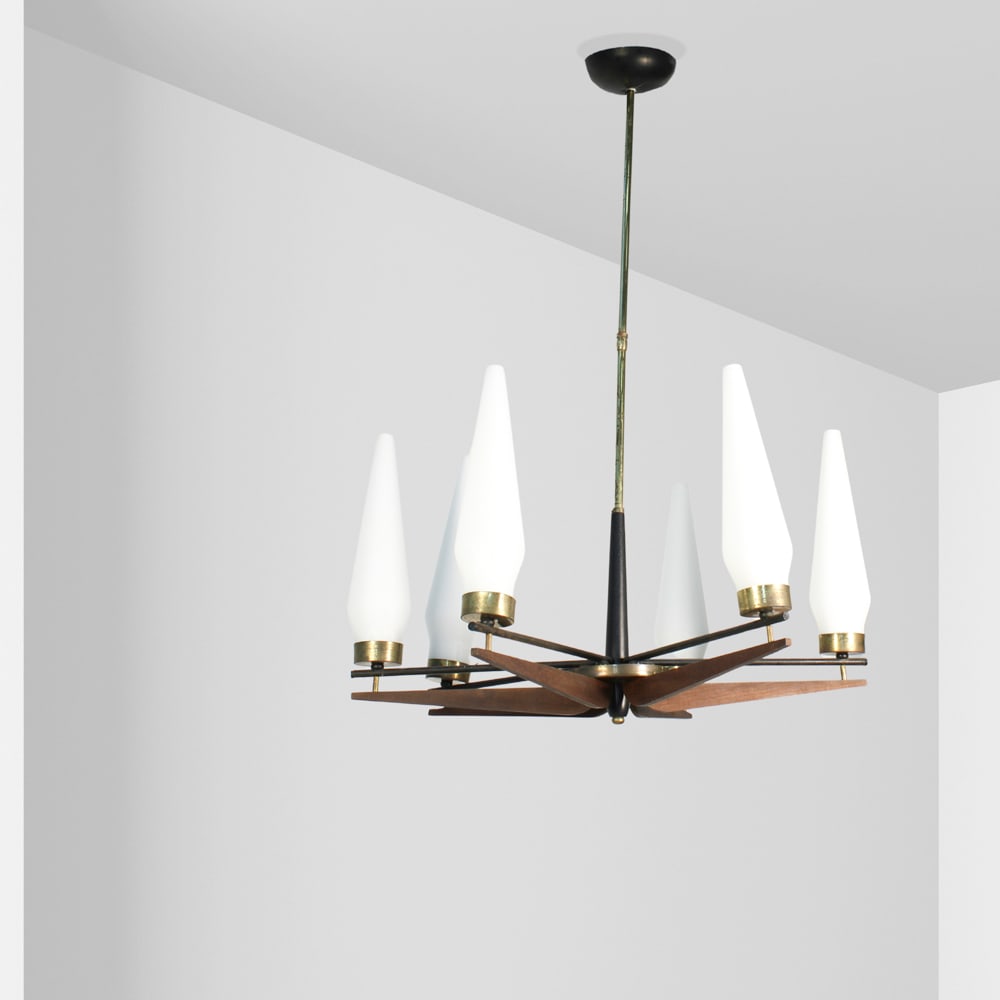 Stilnovo, attributed Italy, 20th century 83x58 cm: six-light chandelier in metal, wood and lattimo glass, defects.
