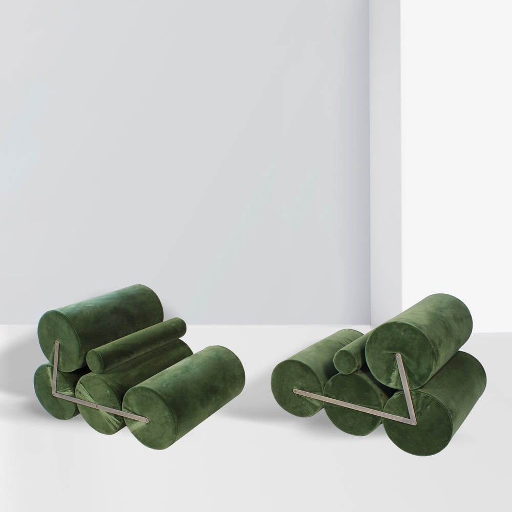 Auro Trivellato prod. A.L.I. Padova Italy, 1972 64.5x64x98 cm: pair of armchairs mod. 5C, steel structure with polyurethane padding and fabric upholstery.Bibliography:Arredorama, no. 14, May 1972, p. 14.
