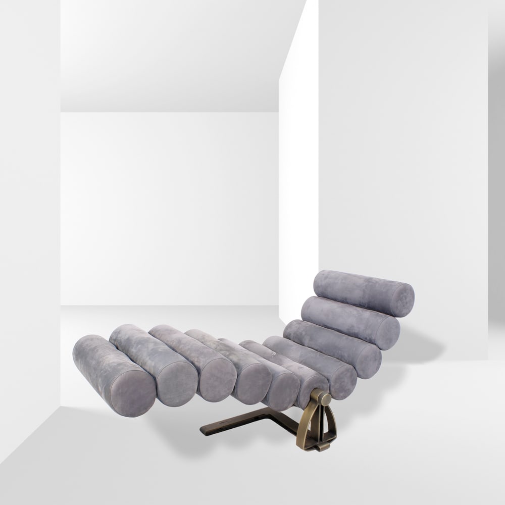 Marzio Cecchi Italy, 1975 71x159x61 cm: rocking chaise longue in acid-etched iron and fabric, example no. 2, stamped signature of Marzio Cecchi on the frame.